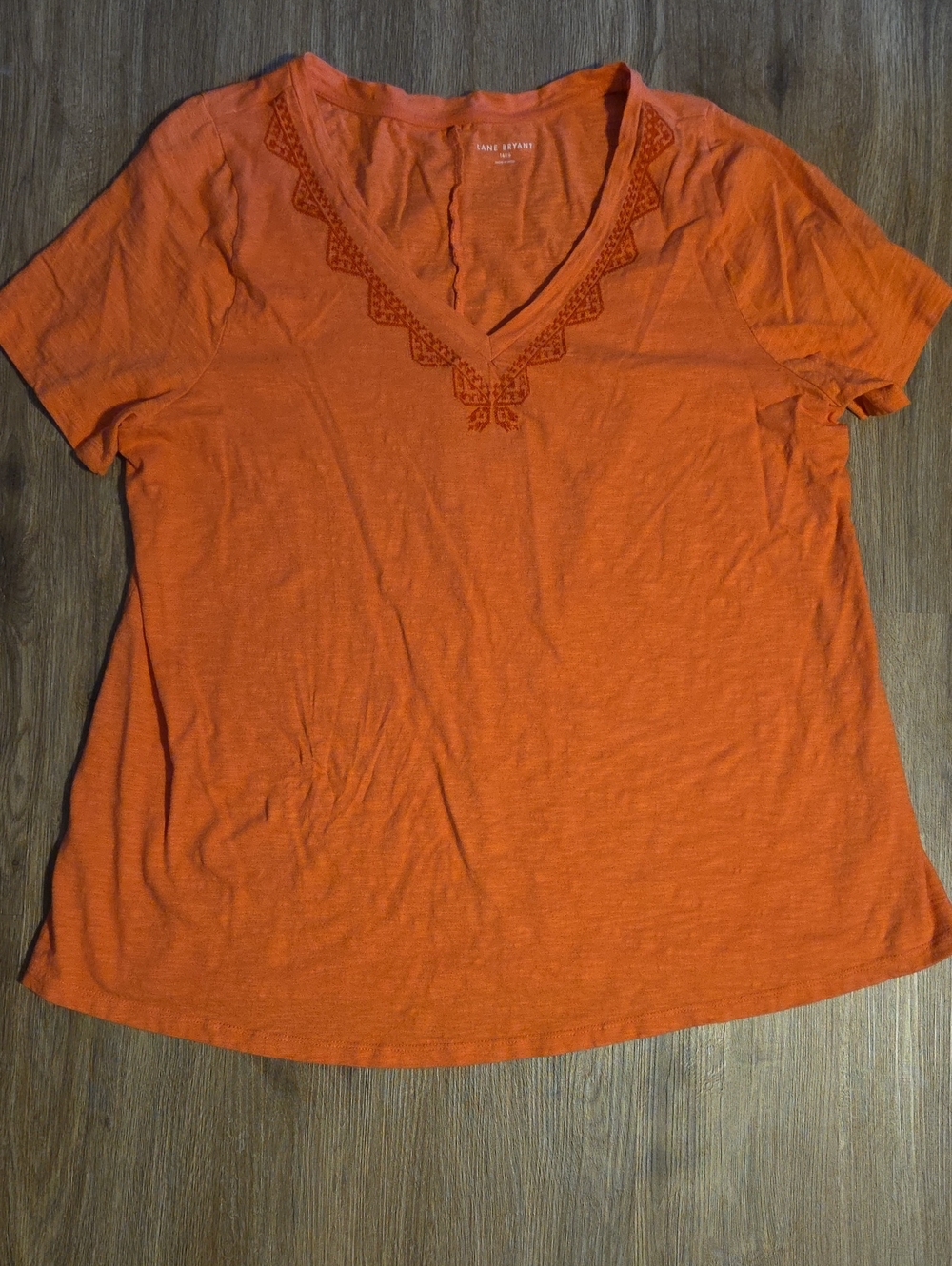 Lane Bryant Orange V-Neck Short Sleeve Tee with Embroidered Trim
